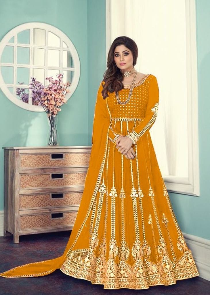 Sonam Bajwa Radiant Mustard Color Georgette Fabric Festive Look Anarkali  Suit