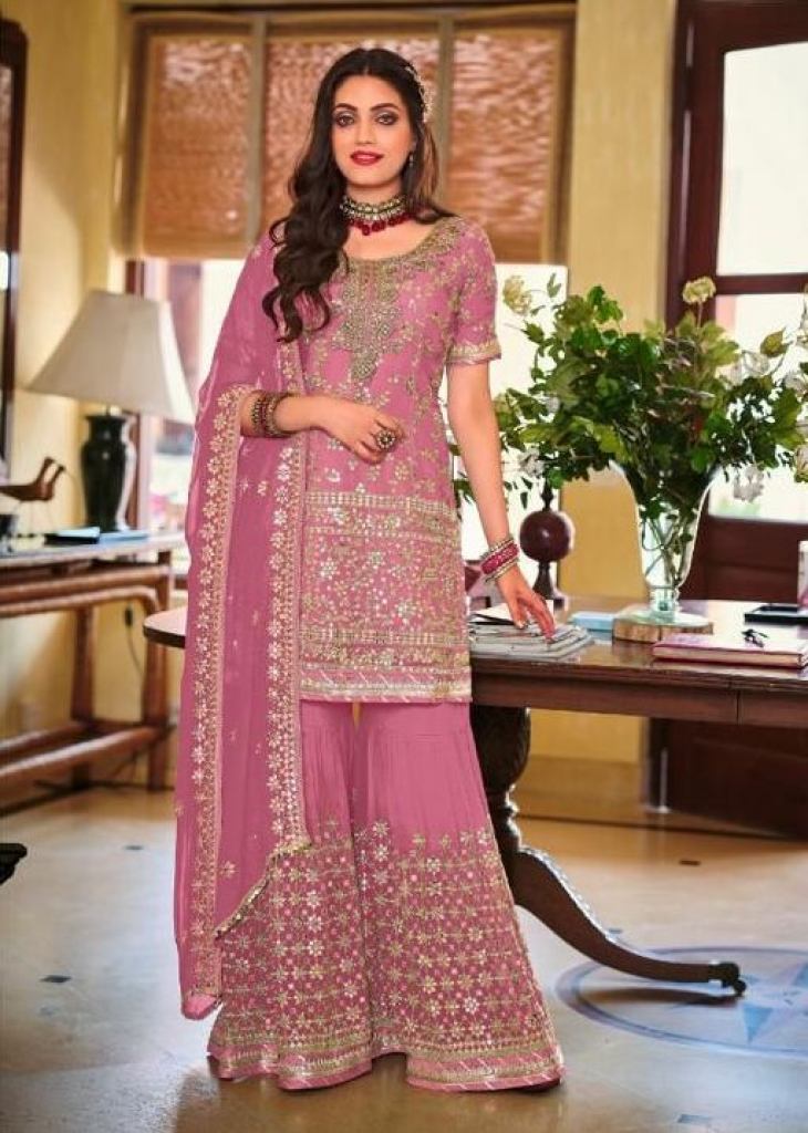 Armani Heavy Faux Georgette With Embroidery Work Palazzo Suit Pink Color DN  1364