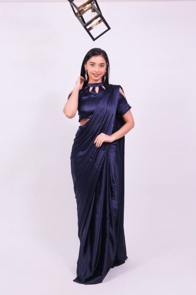 Buy Navy Blue Plain Work Chinnon Satin Saree Online