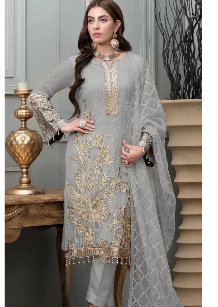 Dark Grey Color Georgette Fabric Readymade Gown With Beautiful Embroidered  Work In Party Wear