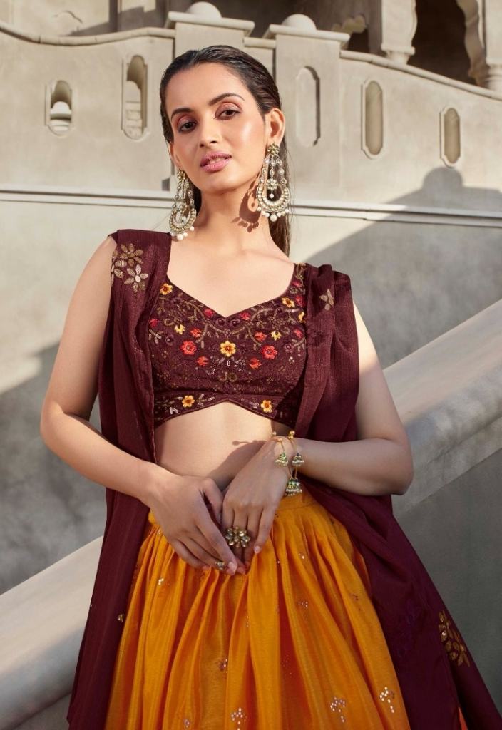 Wine And Pink Mirror Work Wedding Lehenga Choli - Vega Fashion - 3674853