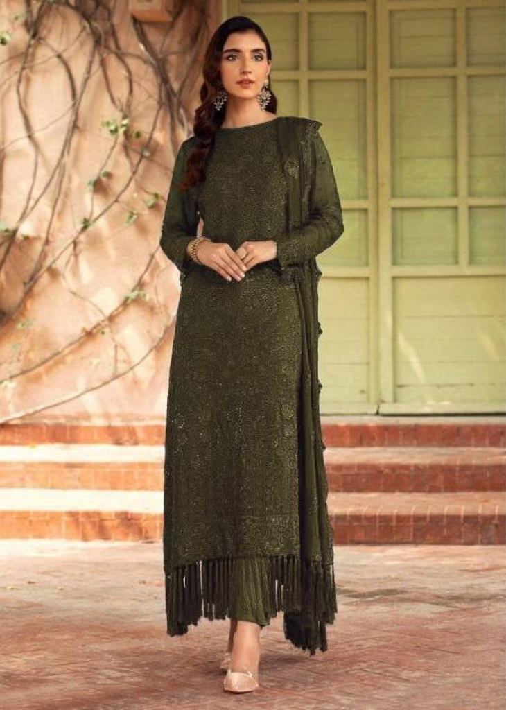 Exclusive Trending Heavy Faux Georgette With Embroidery Sequence Work  Pakistani Suit Mehndi Color DN 1006