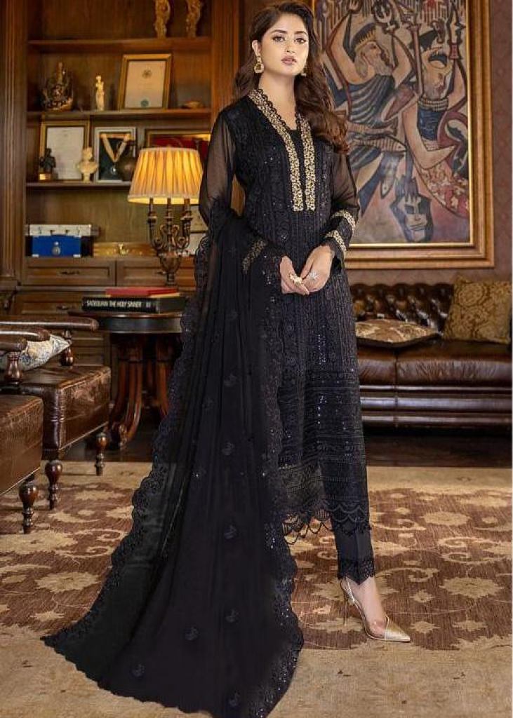 Heavy Faux Georgette With Embroidery And Sequence Work Pakistani Suit Black  Color DN 9118 A