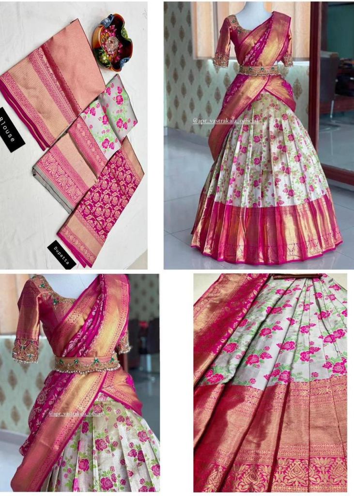 Pink Color Kanjivaram Silk Half Saree Lehenga Choli With Blouse and Dupatta  | Half saree lehenga, Silk half saree, Half saree