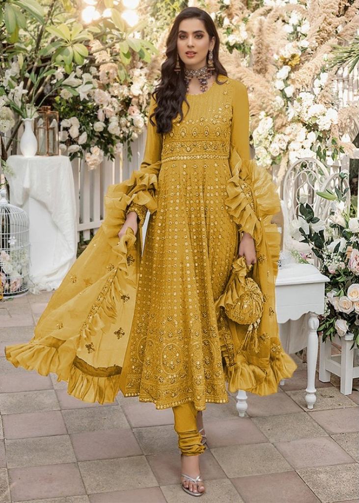 Yellow Multi Embroidered Georgette Salwar Kameez - Hijab Online