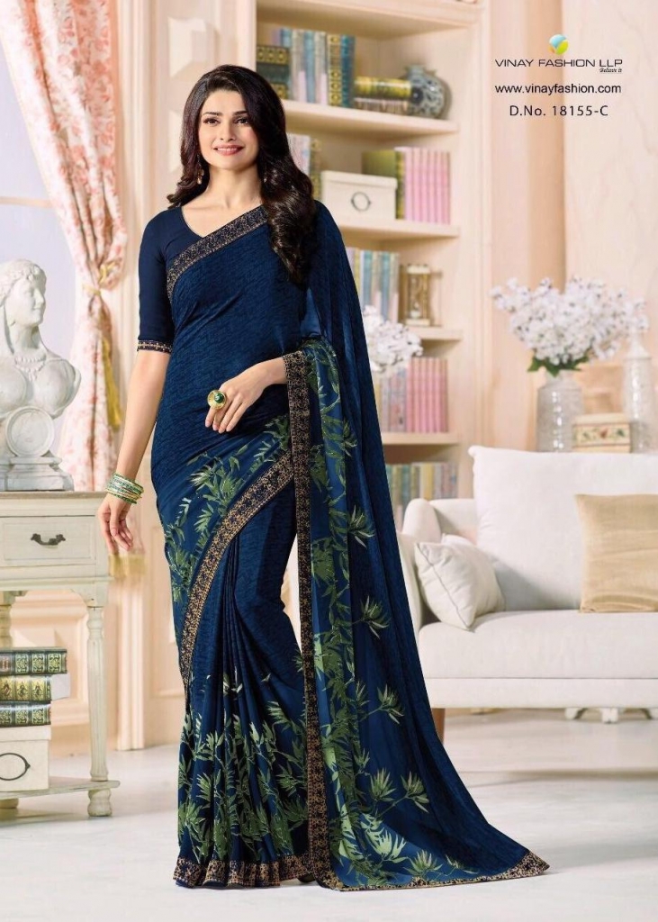 Navy Blue Georgette saree with fancy lace and blouse piece. - VALAM PRINTS  - 3517453