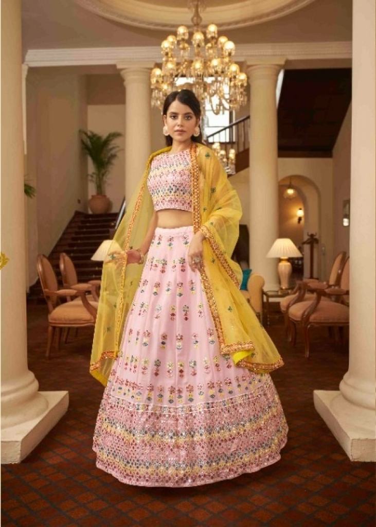 Buy Yellow Chanderi Blend Embroidered Gota And Sequin Work V Lehenga Set  For Women by Myaara Online at Aza Fashions.