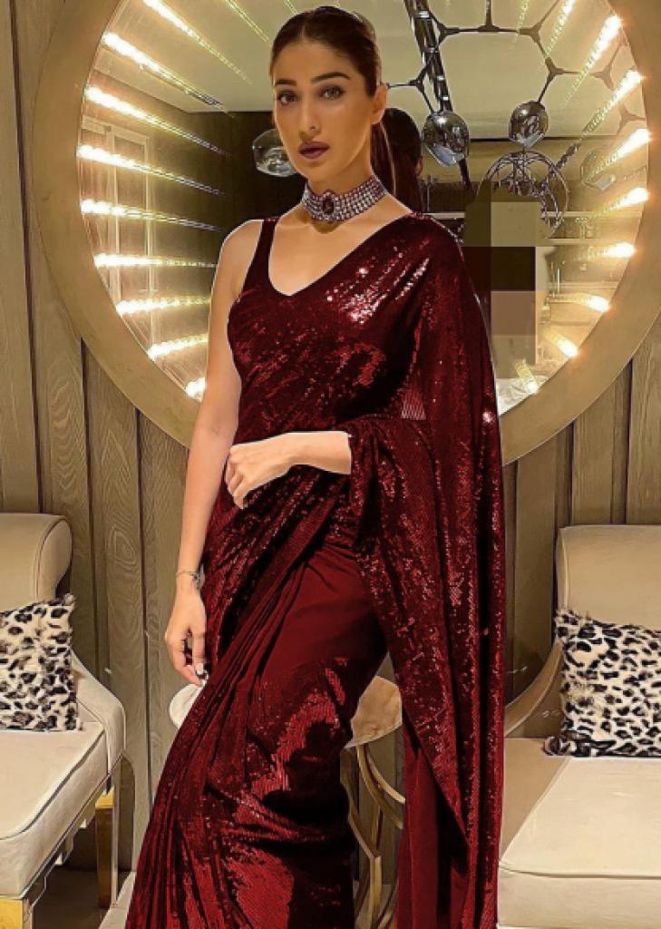 Maroon satin silk embroidered party wear saree 1064