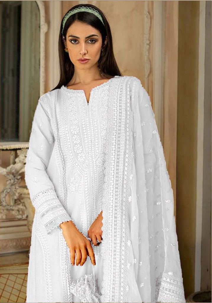 Rayon Cotton With Embroidery Work Pakistani Suit White Color DN 146