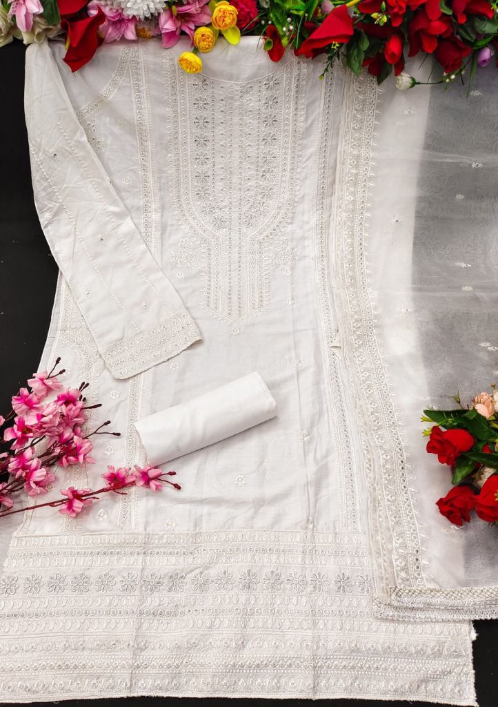 Rayon Cotton With Embroidery Work Pakistani Suit White Color DN 146