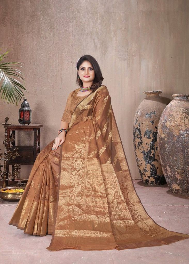 Blazing Beige Color Silk Saree With Heavy Embroidered Blouse