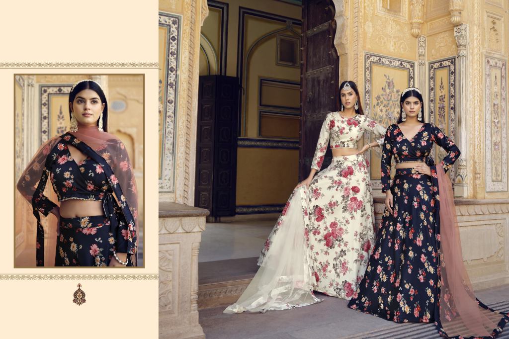 Floral Printed Semi-Stitched Organza Lehenga & Unstitched Blouse With –  Inddus.in