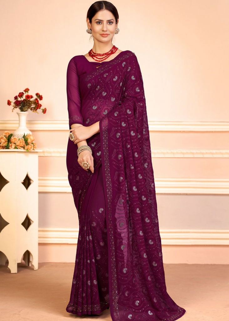 Wine colour designer border sequence work saree with belt - ShopLance