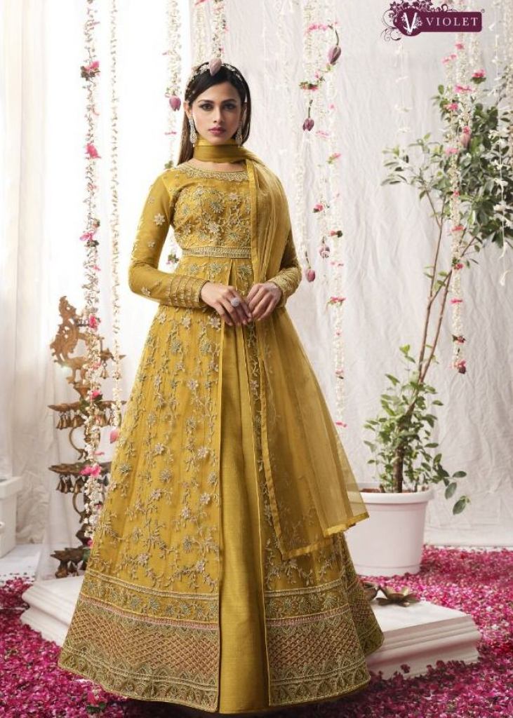 Art Silk Fabric Yellow Color Excellent Sangeet Wear Anarkali Suit | Silk anarkali  suits, Long anarkali gown, Anarkali gown