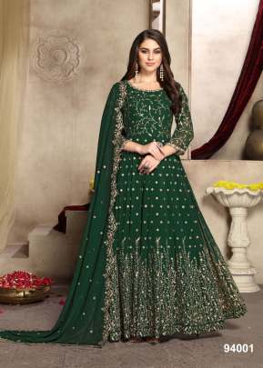 Aanaya Heavy Faux Georgette With Embroidery Work Anarkali Suit Green Color DN 94001