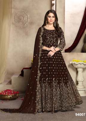 Aanaya Heavy Faux Georgette With Embroidery Work Anarkali Suit Coffee Color DN 94007