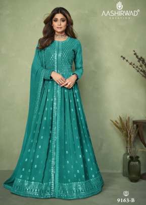 Aashirwad Aadhiya Heavy Faux Georgette With Sequence Work Anarkali Suit Teal Color DN 9163