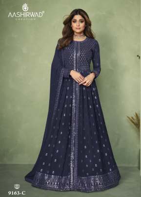 Aashirwad Aadhiya Heavy Faux Georgette With Sequence Work Anarkali Suit Blue Color DN 9163