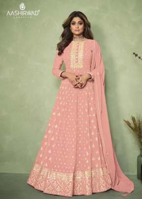 Aashirwad Creation Carnival Heavy Faux Georgette Anarkali Suits Peach Color DN 9188