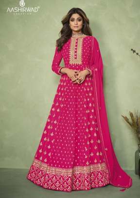 Aashirwad Creation Carnival Heavy Faux Georgette Anarkali Suits Rani Color DN 9188