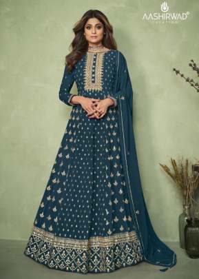 Aashirwad Creation Carnival Heavy Faux Georgette Anarkali Suits Rama Color DN 9188