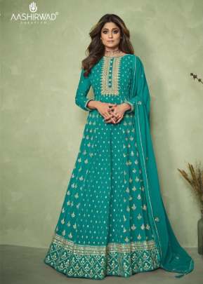 Aashirwad Creation Carnival Heavy Faux Georgette Anarkali Suits Teal Color DN 9188