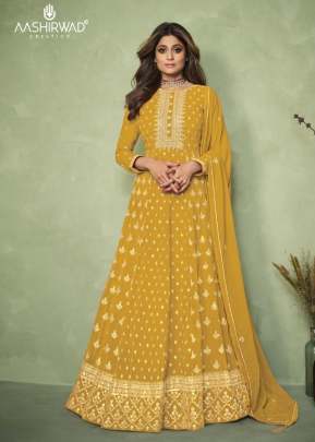 Aashirwad Creation Carnival Heavy Faux Georgette Anarkali Suits Yellow Color DN 9188