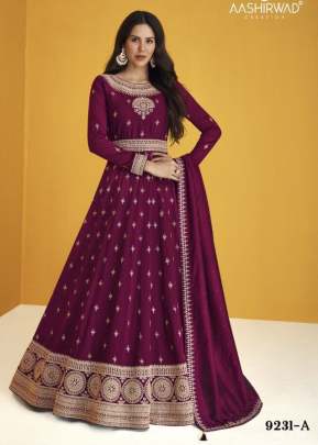 Aashirwad Creation Gulkand Heerva Heavy Faux Georgette Anarkali Suits Wine Color DN 9231