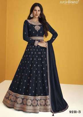 Aashirwad Creation Gulkand Heerva Heavy Faux Georgette Anarkali Suits Nevy Blue Color DN 9231