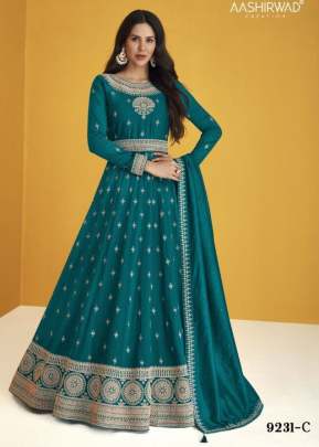 Aashirwad Creation Gulkand Heerva Heavy Faux Georgette Anarkali Suits Rama Color DN 9231