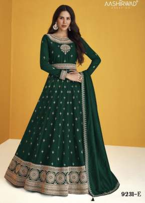 Aashirwad Creation Gulkand Heerva Heavy Faux Georgette Anarkali Suits Green Color DN 9231