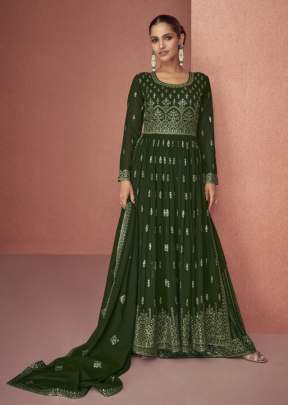 Aashirwad Creation Gulkand Siyona Nayra Cut Anarkali Heavy Faux Georgette Style Nayra Cut Suit Mehndi Color DN 9398