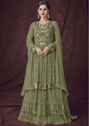 Aashirwad Creation Gulkayra Heavy Faux Georgette Sharara Suit Mehndi Color DN 7107