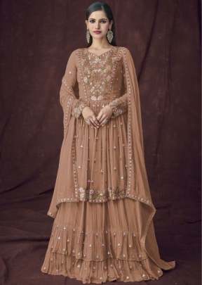 Aashirwad Creation Gulkayra Heavy Faux Georgette Sharara Suit Light Brown Color DN 7107