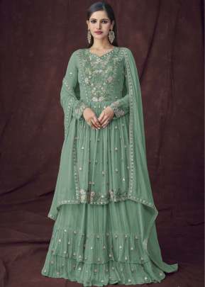 Aashirwad Creation Gulkayra Heavy Faux Georgette Sharara Suit Pista Green Color DN 7107