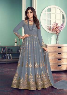 Aashirwad Creation Gulnar Faux Georgette Embroidery Work Anarkali Salwar Kameez Grey Color DN 8542