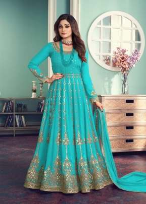 Aashirwad Creation Gulnar Faux Georgette Embroidery Work Anarkali Salwar Kameez Aqua Blue Color DN 8542