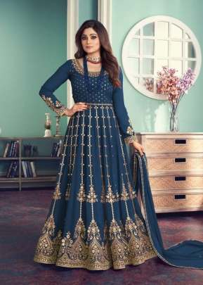 Aashirwad Creation Gulnar Faux Georgette Embroidery Work Anarkali Salwar Kameez Blue Color DN 8542