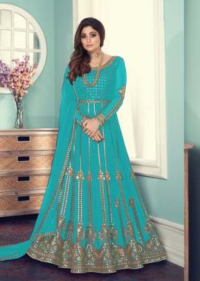 Aashirwad Creation Gulnar Faux Georgette Embroidery Work Anarkali Salwar Kameez Fluorescent Blue Color DN 8543