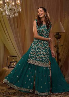 Aashirwad Creation Heavy Blooming Georgette With Embroidery Work With Sequence Work Palazzo Suit Teal Blue Color DN 5051