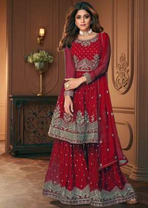 Aashirwad Creation Heroine Booming Georgette Sharara Suit Red Color DN 8696