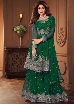 Aashirwad Creation Heroine Booming Georgette Sharara Suit Green Color DN 8696