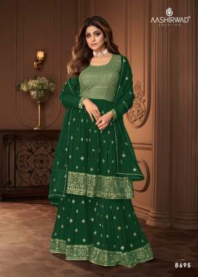 Aashirwad Creation Heroine Georgette With Embroidery Work Sharara Suit Green Color DN 8695