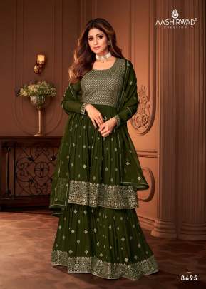 Aashirwad Creation Heroine Georgette With Embroidery Work Sharara Suit Mehndi Color DN 8695