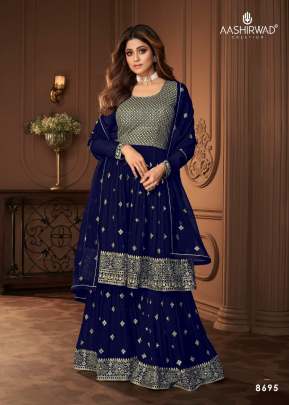 Aashirwad Creation Heroine Georgette With Embroidery Work Sharara Suit Nevy Blue Color DN 8695