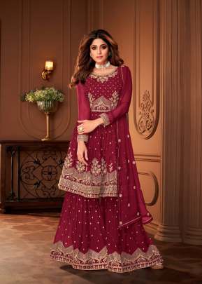 Aashirwad Creation Heroine Georgette With Embroidery Work Sharara Suit Maroon Color DN 8696