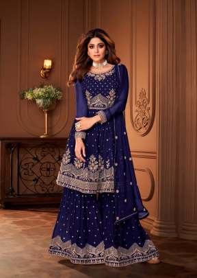 Aashirwad Creation Heroine Georgette With Embroidery Work Sharara Suit Nevy Blue Color DN 8696