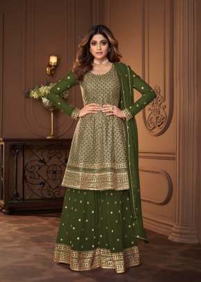 Aashirwad Creation Heroine Georgette With Embroidery Work And Sequence Work Sharara Suit Mehndi Color DN 8694