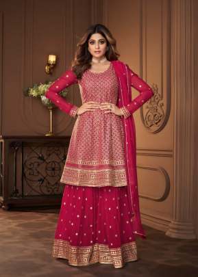 Aashirwad Creation Heroine Georgette With Embroidery Work And Sequence Work Sharara Suit Rani Color DN 8694