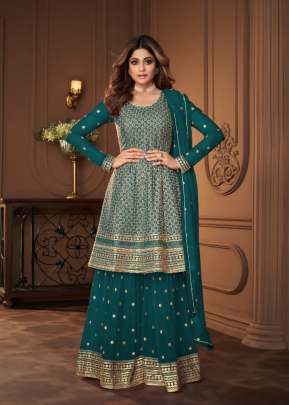 Aashirwad Creation Heroine Georgette With Embroidery Work And Sequence Work Sharara Suit Sky Blue Color DN 8694